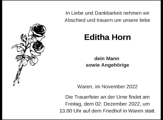 Traueranzeige von Editha Horn von Müritz-Zeitung