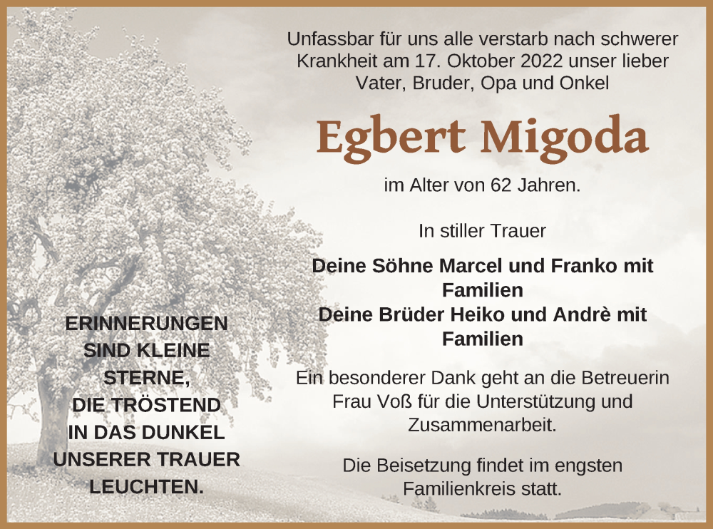  Traueranzeige für Egbert Migoda vom 04.11.2022 aus Mecklenburger Schweiz
