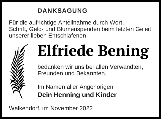 Traueranzeige von Elfriede Bening von Mecklenburger Schweiz