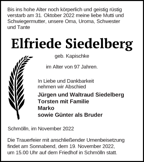 Traueranzeige von Elfriede Siedelberg von Prenzlauer Zeitung