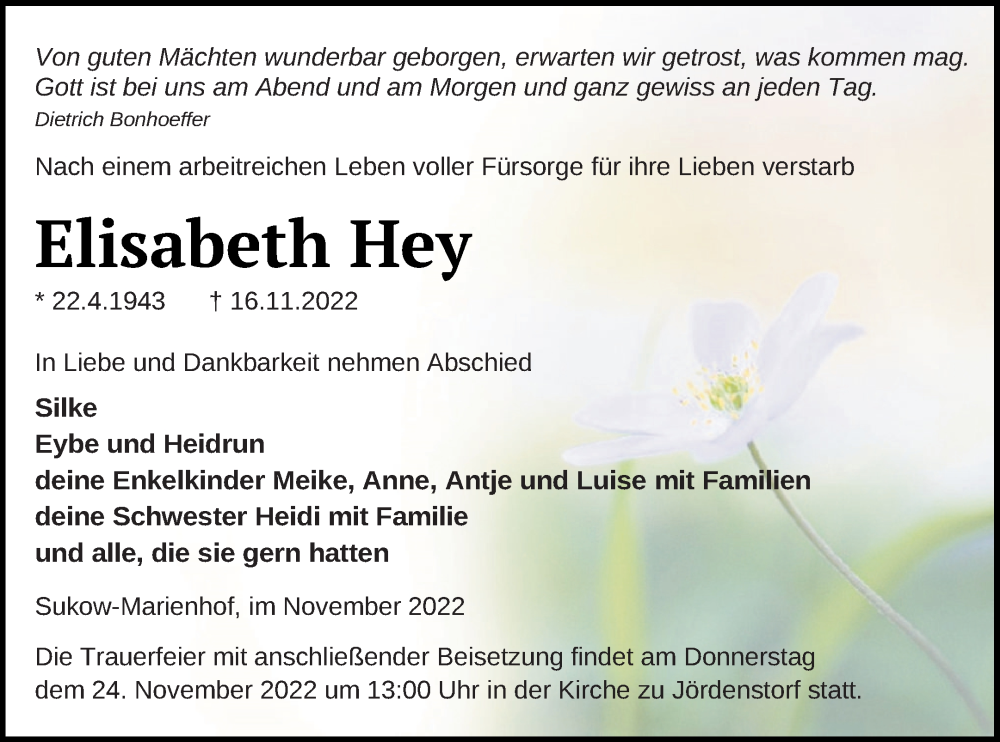  Traueranzeige für Elisabeth Hey vom 19.11.2022 aus Mecklenburger Schweiz