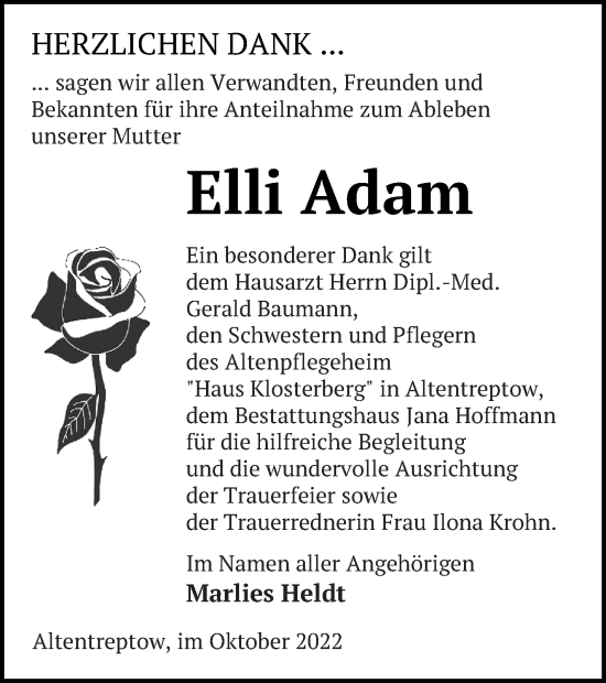 Traueranzeige von Elli Adam von Neubrandenburger Zeitung