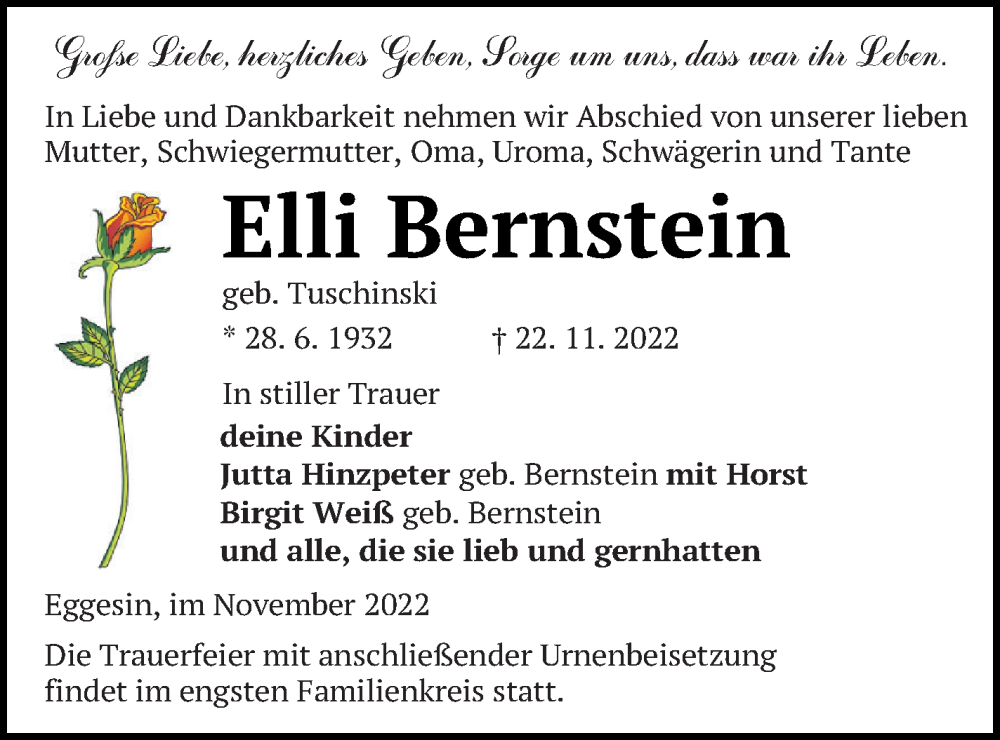  Traueranzeige für Elli Bernstein vom 25.11.2022 aus Haff-Zeitung