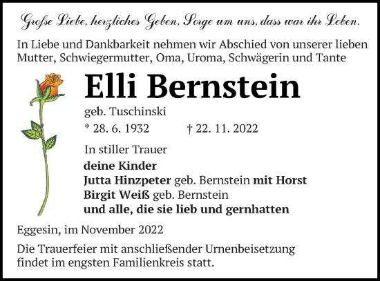 Traueranzeige von Elli Bernstein von Haff-Zeitung