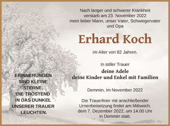 Traueranzeige von Erhard Koch von Demminer Zeitung