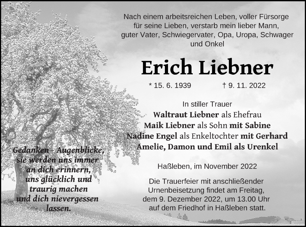  Traueranzeige für Erich Liebner vom 26.11.2022 aus Templiner Zeitung