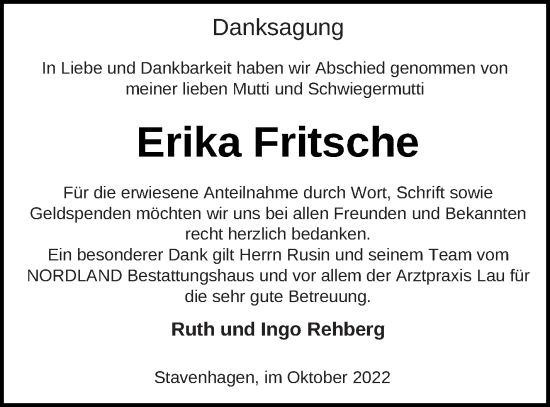 Traueranzeige von Erika Fritsche von Mecklenburger Schweiz