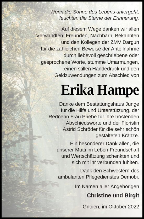 Traueranzeige von Erika Hampe von Mecklenburger Schweiz