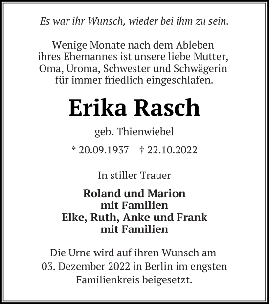 Traueranzeige von Erika Rasch von Neubrandenburger Zeitung