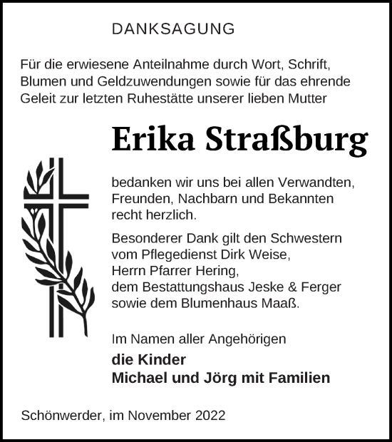 Traueranzeige von Erika Straßburg von Prenzlauer Zeitung