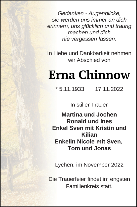 Traueranzeige von Erna Chinnow von Neubrandenburger Zeitung