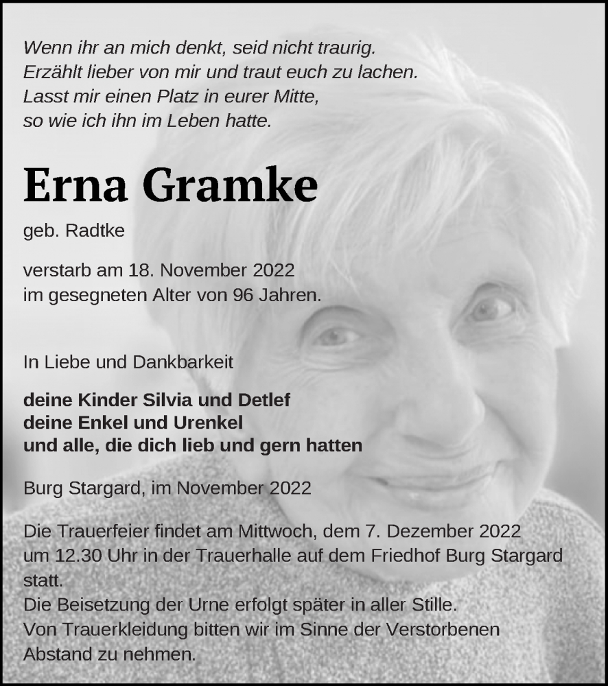  Traueranzeige für Erna Gramke vom 30.11.2022 aus Neubrandenburger Zeitung