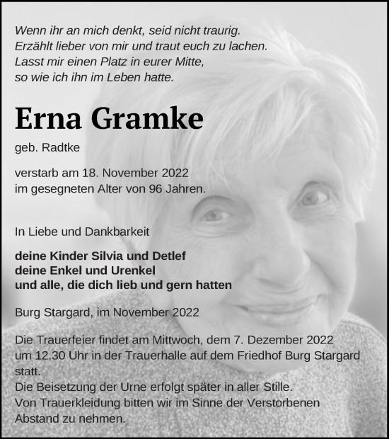 Traueranzeige von Erna Gramke von Neubrandenburger Zeitung