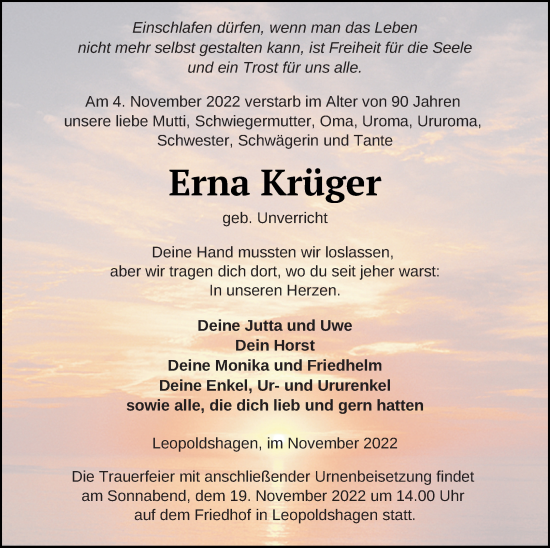 Traueranzeige von Erna Krüger von Haff-Zeitung