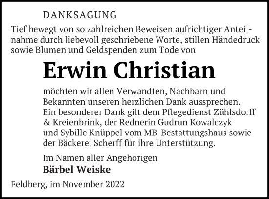 Traueranzeige von Erwin Christian von Strelitzer Zeitung