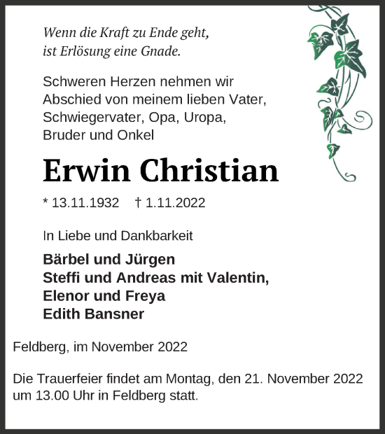 Traueranzeige von Erwin Christian von Strelitzer Zeitung