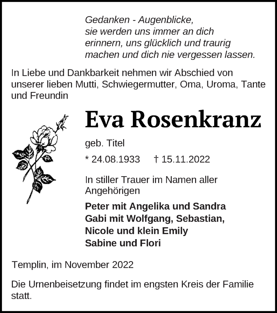  Traueranzeige für Eva Rosenkranz vom 19.11.2022 aus Templiner Zeitung
