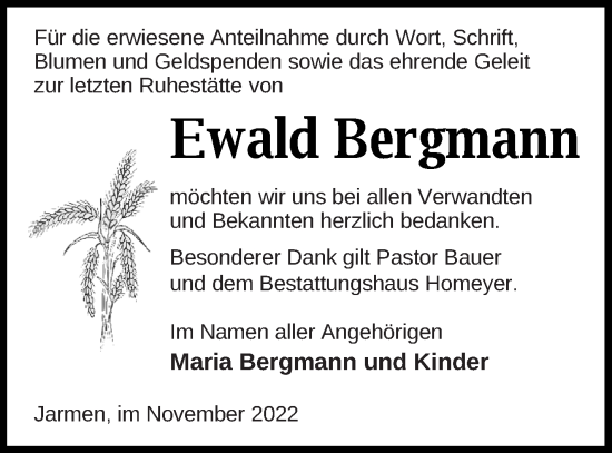 Traueranzeige von Ewald Bergmann von Vorpommern Kurier