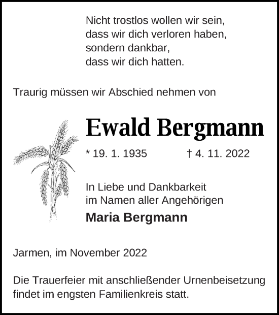 Traueranzeige von Ewald Bergmann von Vorpommern Kurier