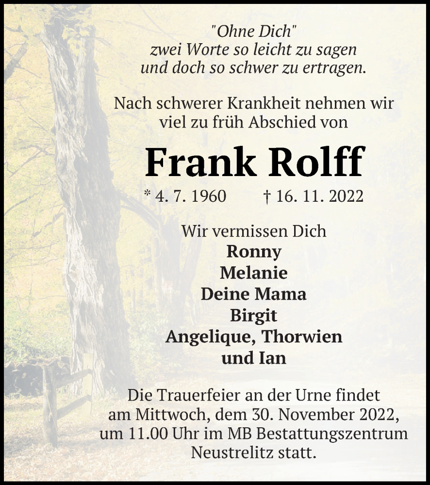  Traueranzeige für Frank Rolff vom 22.11.2022 aus Strelitzer Zeitung
