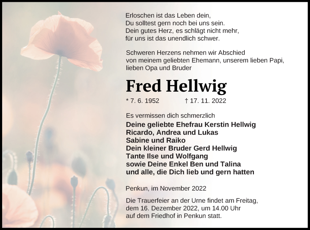  Traueranzeige für Fred Hellwig vom 22.11.2022 aus Pasewalker Zeitung