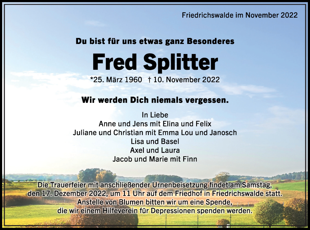  Traueranzeige für Fred Splitter vom 25.11.2022 aus Templiner Zeitung