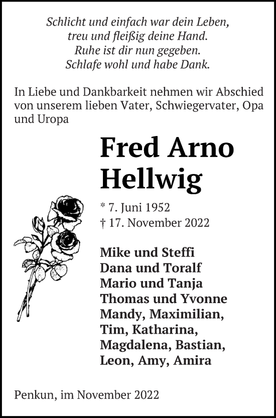 Traueranzeige von Fred Arno Hellwig von Pasewalker Zeitung