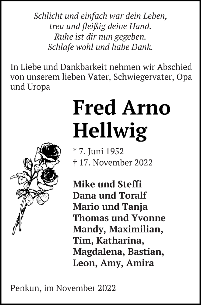  Traueranzeige für Fred Arno Hellwig vom 22.11.2022 aus Pasewalker Zeitung