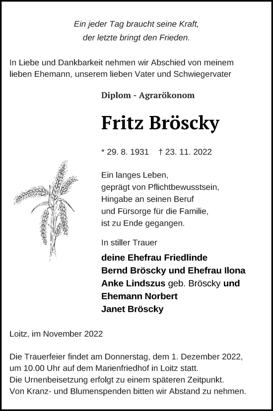 Traueranzeige von Fritz Bröscky von Vorpommern Kurier