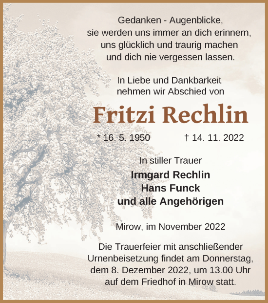 Traueranzeige von Fritzi Rechlin von Strelitzer Zeitung