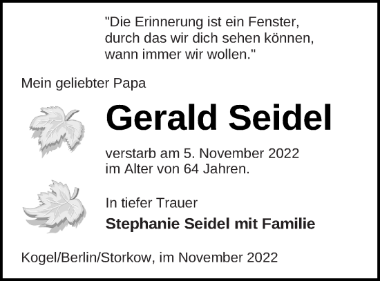 Traueranzeige von Gerald Seidel von Müritz-Zeitung