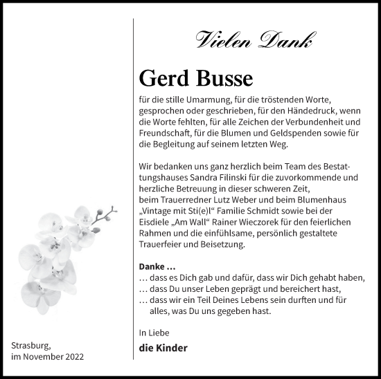 Traueranzeige von Gerd Busse von Pasewalker Zeitung