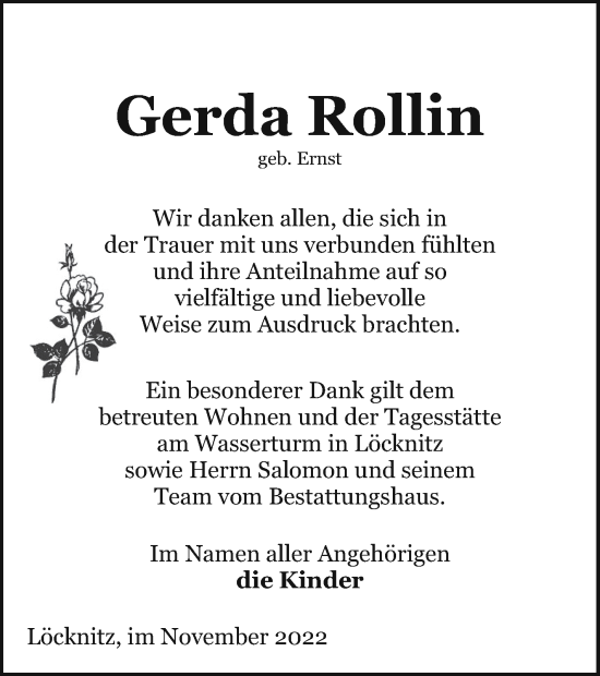 Traueranzeige von Gerda Rollin von Pasewalker Zeitung