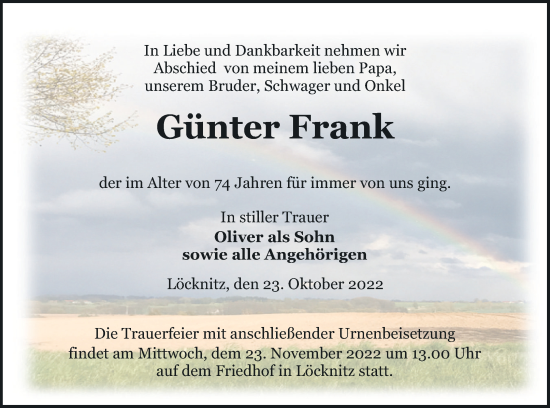 Traueranzeige von Günter Frank von Pasewalker Zeitung