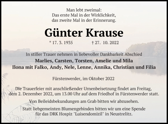 Traueranzeige von Günter Krause von Prenzlauer Zeitung