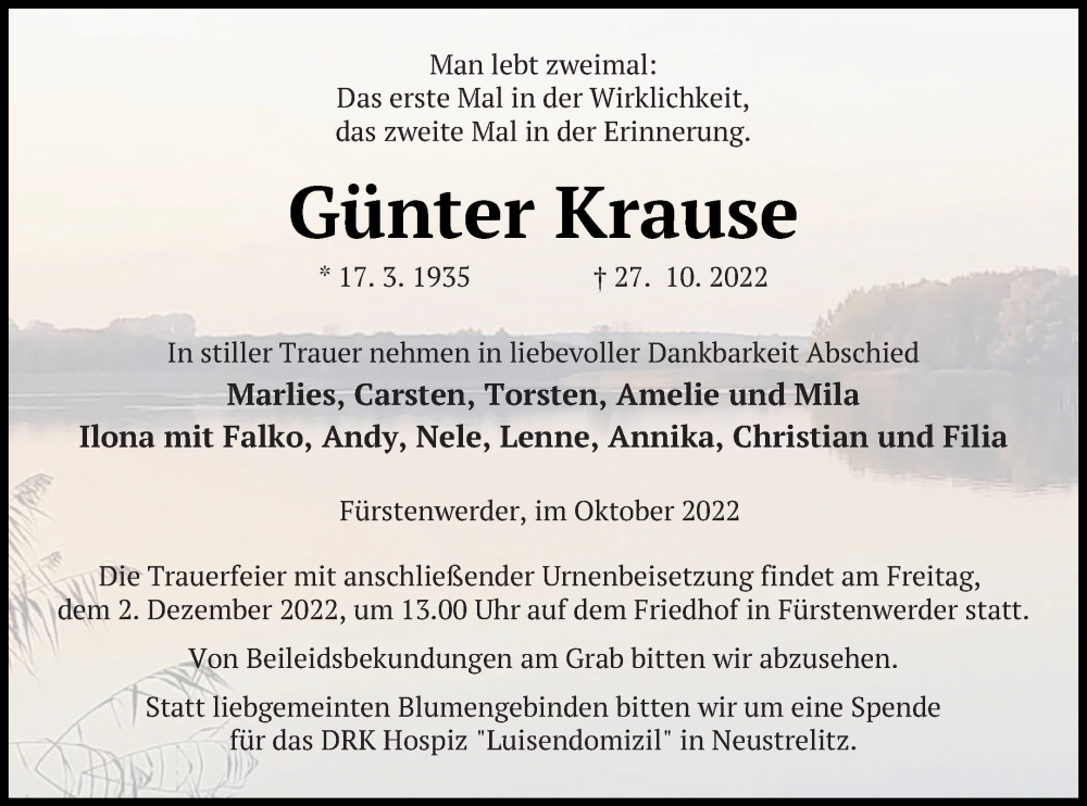  Traueranzeige für Günter Krause vom 25.11.2022 aus Prenzlauer Zeitung