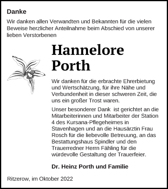 Traueranzeige von Hannelore Porth von Mecklenburger Schweiz