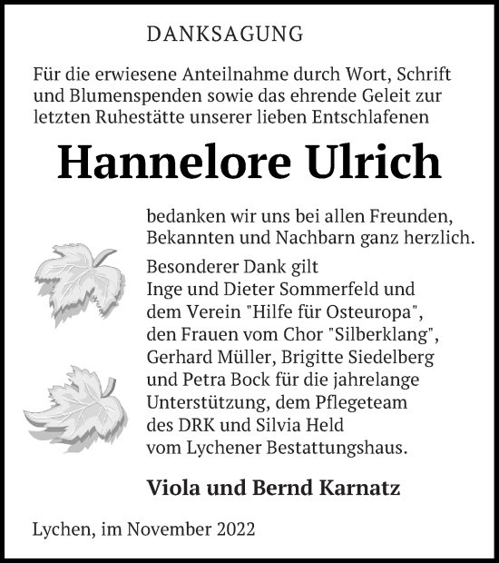 Traueranzeige von Hannelore Ulrich von Templiner Zeitung