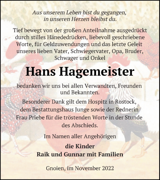 Traueranzeige von Hans Hagemeister von Mecklenburger Schweiz