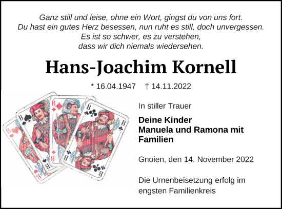 Traueranzeige von Hans-Joachim Kornell von Mecklenburger Schweiz