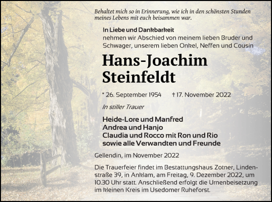 Traueranzeige von Hans-Joachim Steinfeldt von Vorpommern Kurier