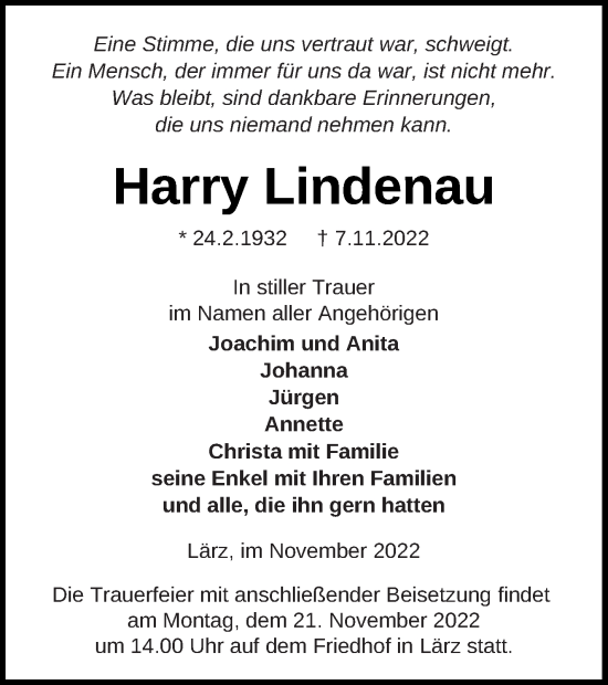 Traueranzeige von Harry Lindenau von Neubrandenburger Zeitung