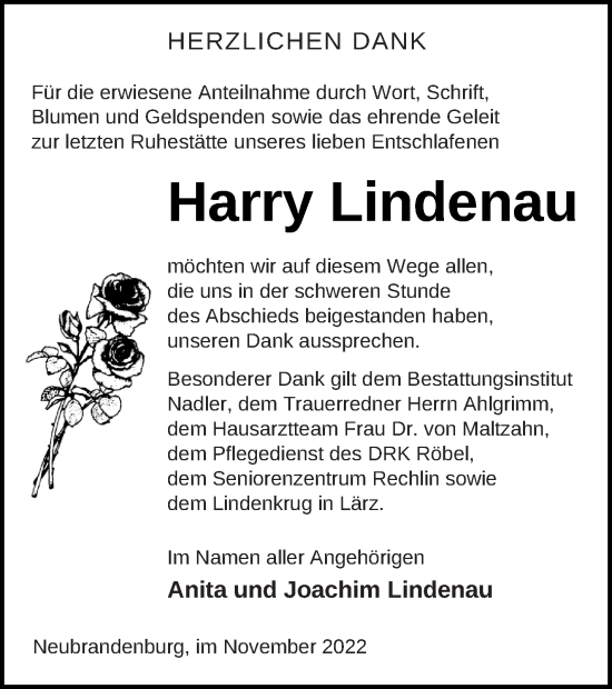 Traueranzeige von Harry Lindenau von Strelitzer Zeitung