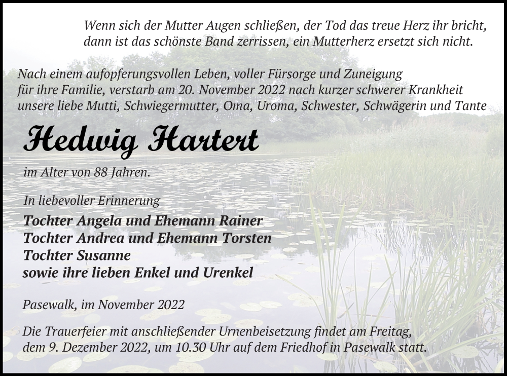  Traueranzeige für Hedwig Hartert vom 24.11.2022 aus Pasewalker Zeitung
