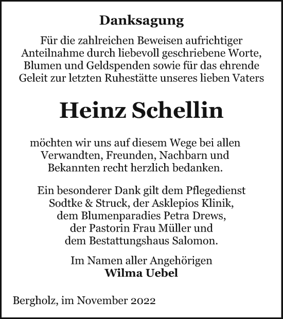 Traueranzeige von Heinz Schellin von Pasewalker Zeitung