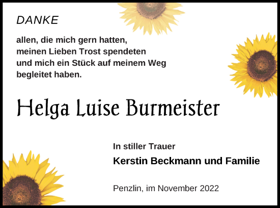 Traueranzeige von Helga Luise Burmeister von Müritz-Zeitung