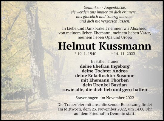 Traueranzeige von Helmut Kussmann von Demminer Zeitung