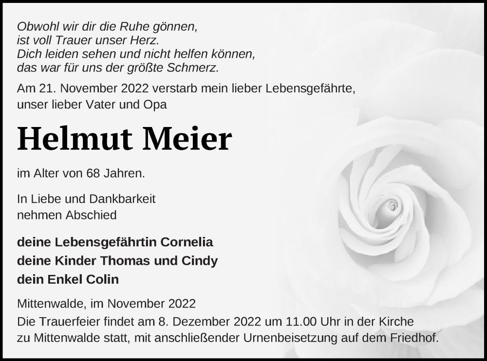  Traueranzeige für Helmut Meier vom 25.11.2022 aus Templiner Zeitung