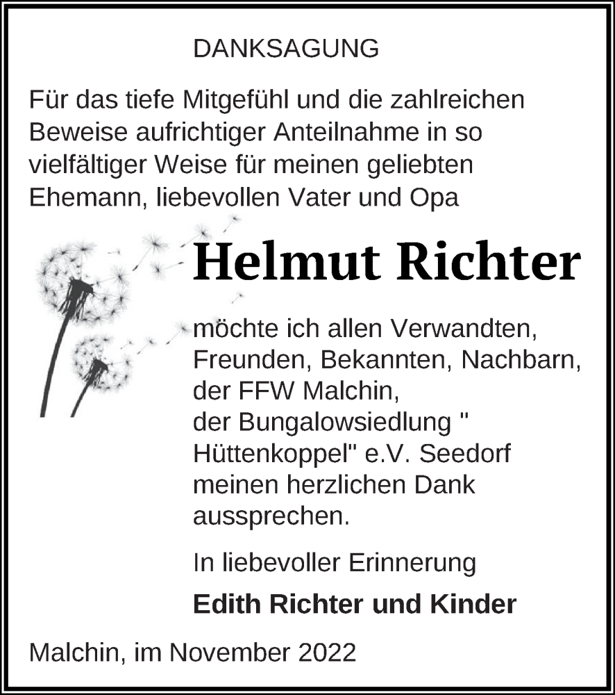  Traueranzeige für Helmut Richter vom 22.11.2022 aus Mecklenburger Schweiz