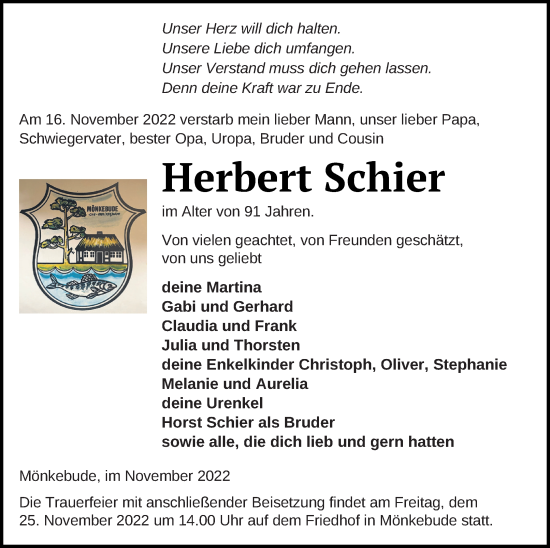 Traueranzeige von Herbert Schier von Haff-Zeitung